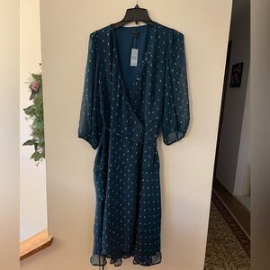 NWT Ann Taylor petite shimmer wrap dress blue size 12P midi length